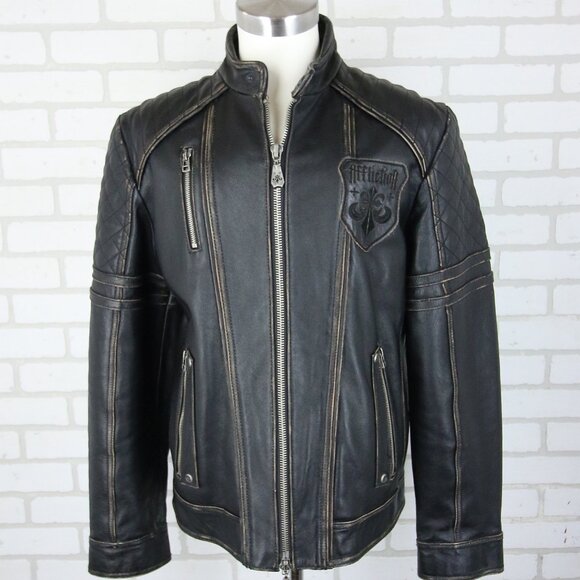 Affliction Black Premium Limited Leather Jacket Mens L fits Slim Cross Back Moto - Picture 3 of 16